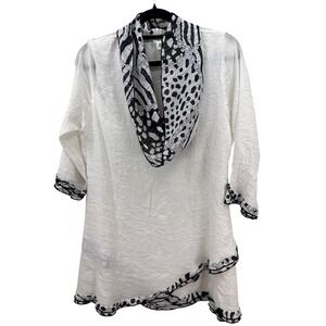 Lindi White Rayon Gauze Tunic Top Black Mixed Print Cowl Neck Small Lagenlook